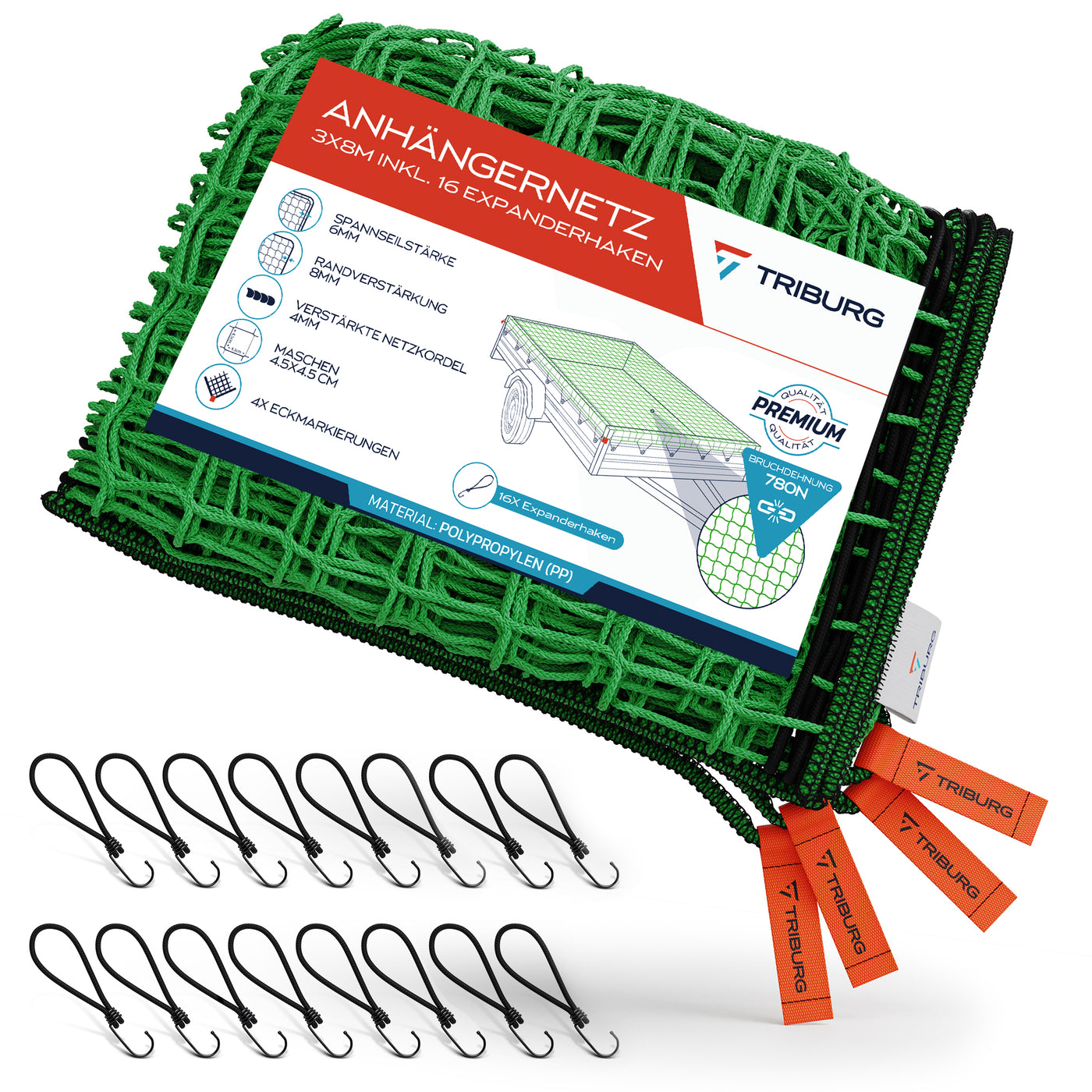Anhängernetz mit Eckmarkierungen und Randverstärkung inkl. Expander-Haken