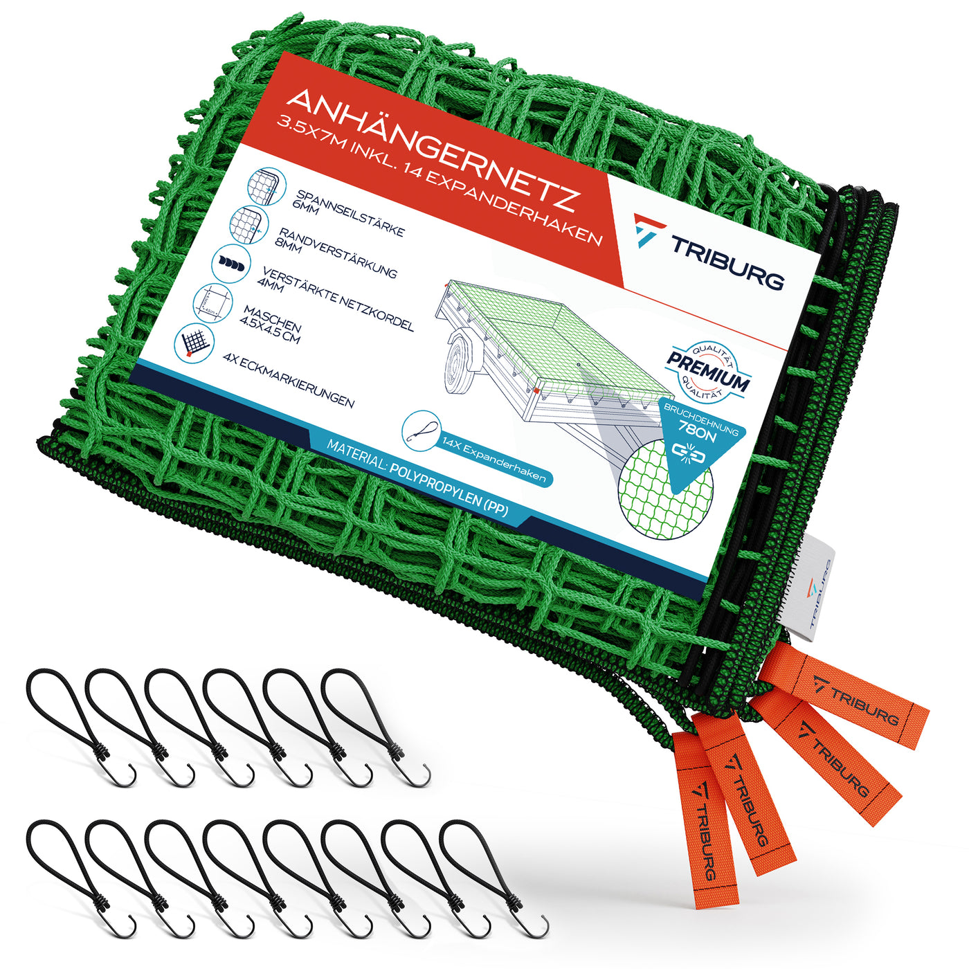 Anhängernetz mit Eckmarkierungen und Randverstärkung inkl. Expander-Haken