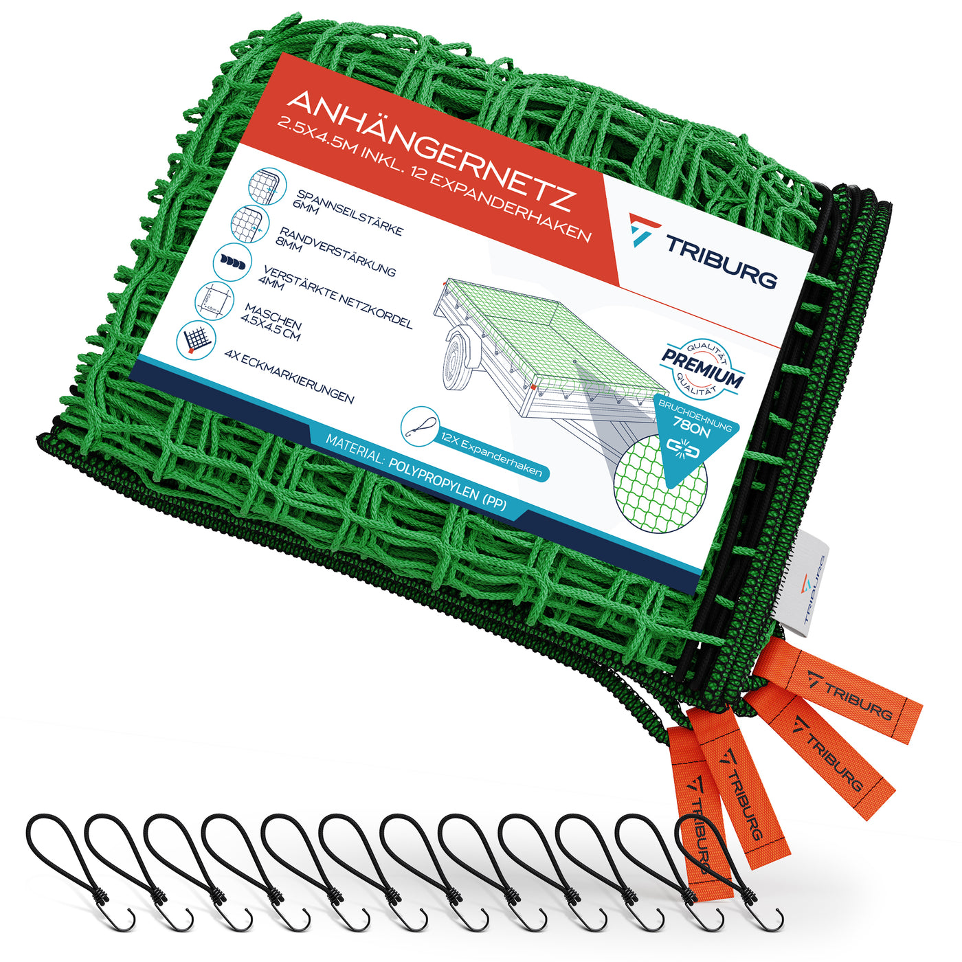 Anhängernetz mit Eckmarkierungen und Randverstärkung inkl. Expander-Haken
