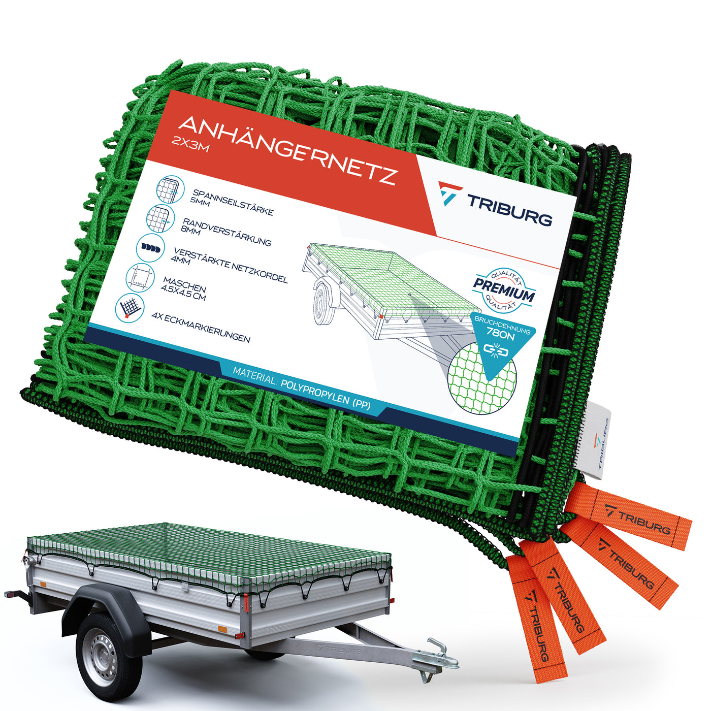 Anhängernetz mit Eckmarkierungen und Randverstärkung