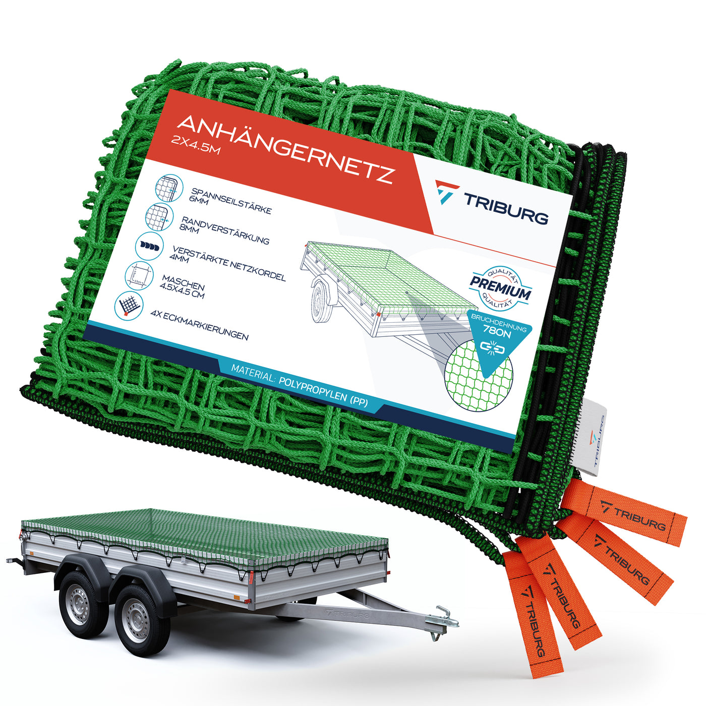 Anhängernetz mit Eckmarkierungen und Randverstärkung