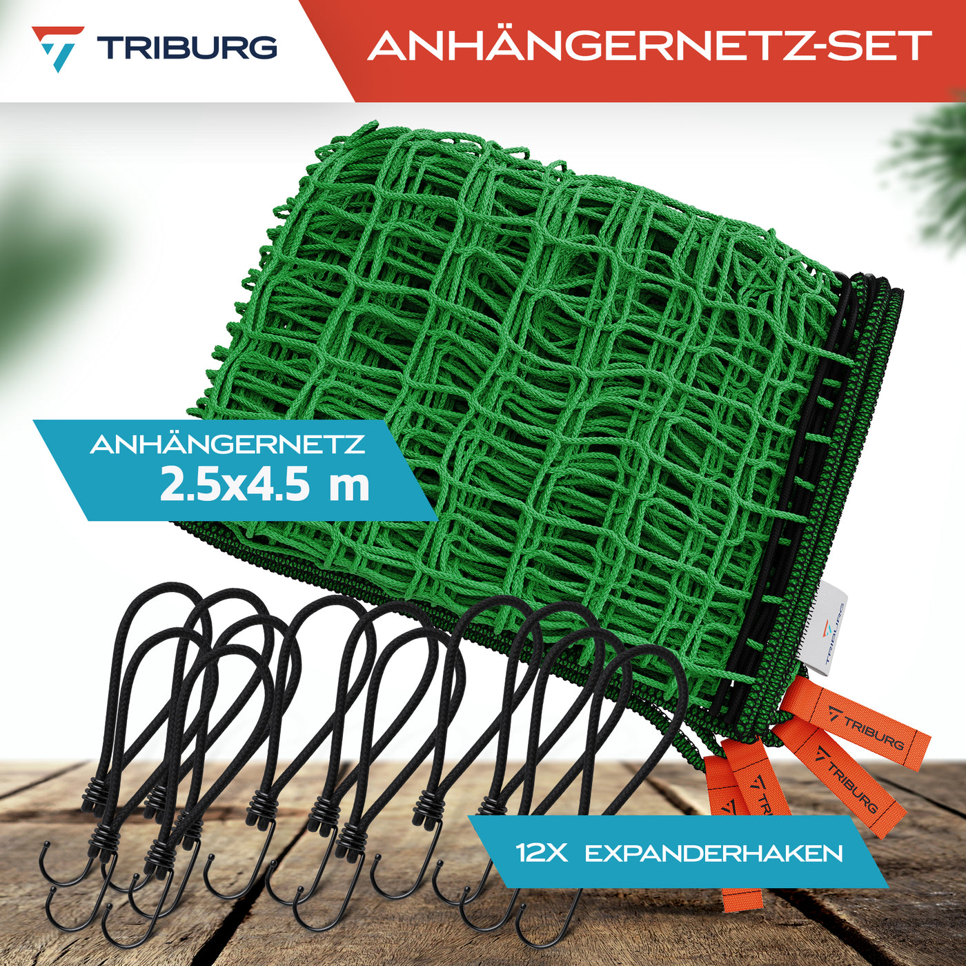 Anhängernetz mit Eckmarkierungen und Randverstärkung inkl. Expander-Haken